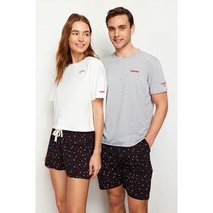 Trendyol Gray Black Embroidered Regular Fit Couple Knitted Pajamas Set with Shorts obraz