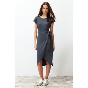 Trendyol Anthracite 100% Cotton Double Breasted Closure Tie Detailed Midi Knitted Maxi Dress obraz