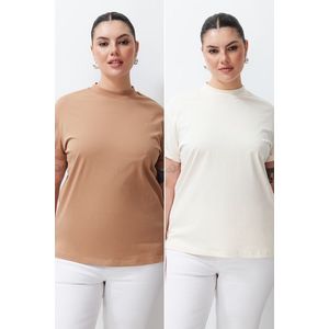 Trendyol Curve Beige-Mink 2-Pack 100% Cotton Basic High Neck Knitted T-Shirt obraz