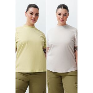 Trendyol Curve Oil Green-Grey 2 Pack 100% Cotton Basic Stand Collar Knitted T-Shirt obraz