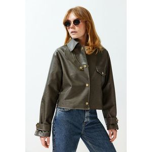 Trendyol Dark Mink Oversize Collar Detailed Faux Leather Thin Jacket Coat obraz