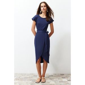 Trendyol Navy Blue 100% Cotton Double Breasted Closure Tie Detailed Midi Knitted Maxi Dress obraz