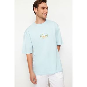 Trendyol Blue Oversize/Wide Cut Short Sleeve Landscape Embroidered 100% Cotton T-Shirt obraz