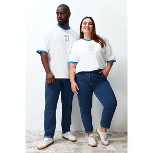 Trendyol Plus Size Ecru Unisex Oversize Comfy 100% Cotton Embroidered Color Block Couple T-Shirt obraz