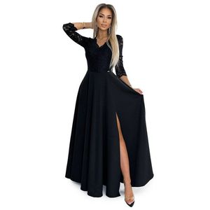 AMBER elegantní krajkové dlouhé šaty s výstřihem a rozparkem na nohavicích - černé obraz