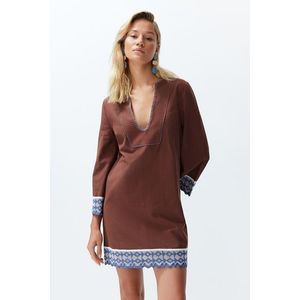 Trendyol Brown Mini Woven Stripe Accessory 100% Cotton Beach Dress obraz