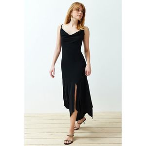 Trendyol Black Polka Dot Collar Strap Body-Shouldered Elastic Knitted Midi Dress obraz