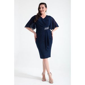 Lafaba Women's Navy Blue V-Neck Short Sleeve Plus Size Midi Evening Dress obraz