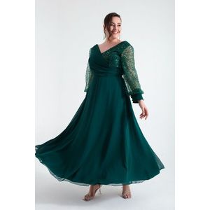 Lafaba Women's Plus Size Emerald Green Sleeves Beaded Midi Evening Dress obraz