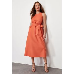 Trendyol Orange Belted 100% Cotton Poplin Pocket Midi Woven Dress obraz