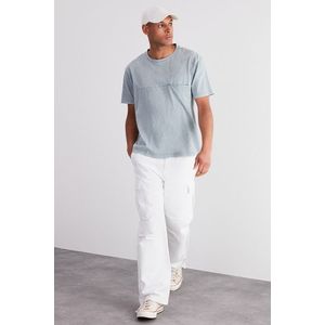 Trendyol Pale Blue Relaxed/Comfortable Fit Weathered/Faded Effect 100% Cotton T-Shirt with Pockets obraz