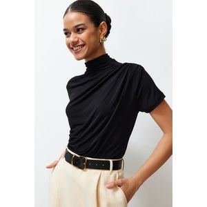 Trendyol Black Shirring/Drape Detailed Fitted/Fitted Short Sleeve Stand Collar Stretch Knitted Blouse obraz
