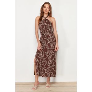 Trendyol Brown Belted Floral Print A-Cut Slit Detailed Woven Dress obraz