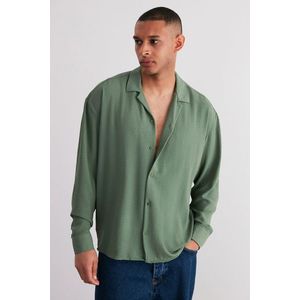 Trendyol Khaki Oversize Fit Wide Collar Summer Linen Look Shirt obraz