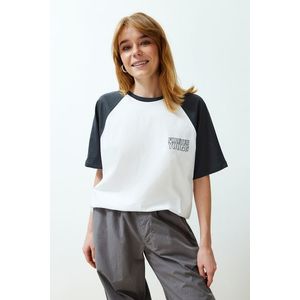 Trendyol White 100% Cotton Color Block Slogan Relaxed/Comfortable Cut Knitted T-Shirt obraz
