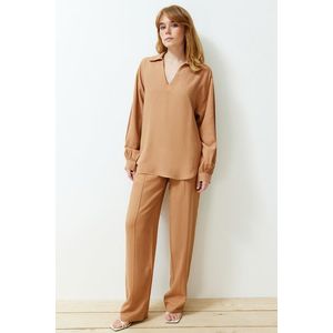 Trendyol Camel Wide-Fit V-Neck Blouse Straight/Straight Cut Trousers Woven Two Piece Set obraz