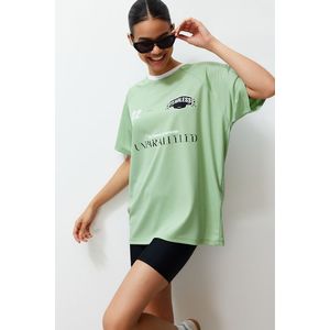 Trendyol Green Oversize Motto Printed Crew Neck Short Sleeve Knitted T-Shirt obraz