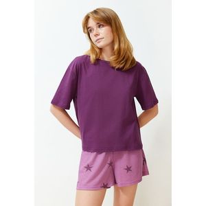 Trendyol Plum 100% Cotton Star Patterned Knitted Pajamas Set obraz