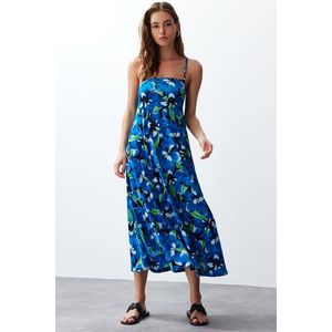 Trendyol Blue Printed Square Neck A-Line Crepe/Textured Knitted Maxi Dress obraz