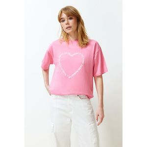 Trendyol Pink 100% Cotton Heart Motto Printed Oversize/Casual Fit Knitted T-Shirt obraz