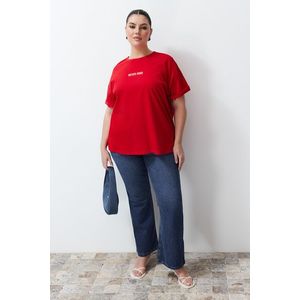 Trendyol Curve Red Slogan Printed Oversize Knitted T-shirt obraz