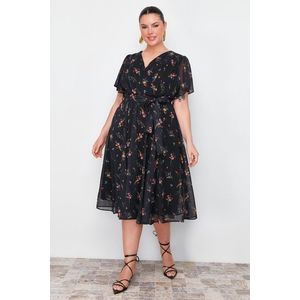 Trendyol Curve Multi Color Floral Pattern Chiffon Double Breasted Woven Dress obraz