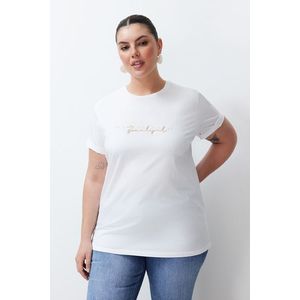 Trendyol Curve White Print and Embroidery Detail Boyfriend Knitted T-shirt obraz