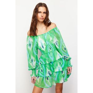 Trendyol Green Floral Skater Carmen Neckline Chiffon Lined Mini Woven Dress obraz