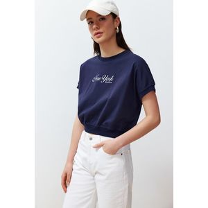 Trendyol Navy Blue 100% Cotton Premium Motto Printed Knitted T-Shirt obraz