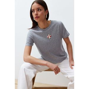 Trendyol Gray Melange Embroidered Regular/Normal Fit Knitted T-Shirt obraz