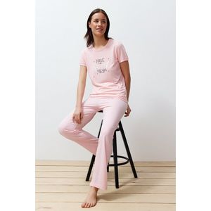Trendyol Powder Slogan Printed Polka Dot Knitted Pajamas Set obraz