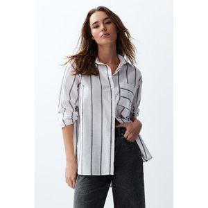 Trendyol Ecru Striped Oversize/Creature Woven Shirt obraz
