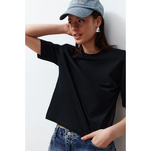 Trendyol Black 100% Single Jersey Padded Crop Knitted T-Shirt obraz