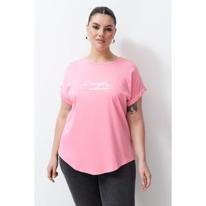 Trendyol Curve Pink Printed Oval Cut Boyfrind Knitted T-shirt obraz