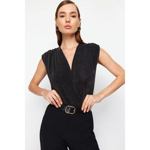 Trendyol Black Double Breasted Knitted Shiny Snaps Silvery Knitted Bodysuit obraz