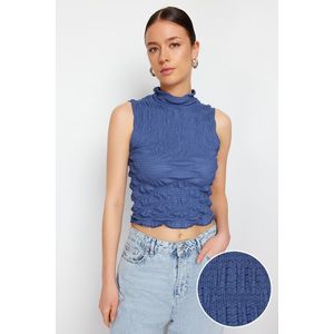 Trendyol Indigo High Neck Fitted Crop Textured Stretch Knitted Blouse obraz