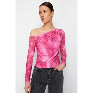 Trendyol Pink*001 Patterned Tulle Lined Asymmetric Collar Knitted Blouse obraz