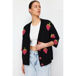 Trendyol Black Soft Textured Strawberry Embroidered Knitwear Cardigan obraz