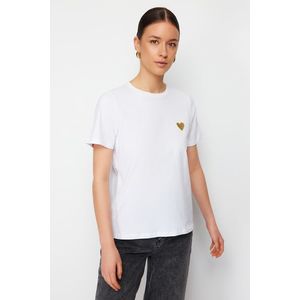 Trendyol White 100% Cotton Leaf/Glossy Heart Embroidery Regular/Normal Fit Knitted T-Shirt obraz