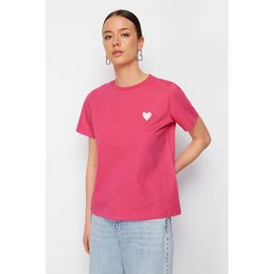 Trendyol Pink 100 Cotton Leaf/Glossy Heart Embroidery Regular/Regular Fit Knitted T-Shirt obraz