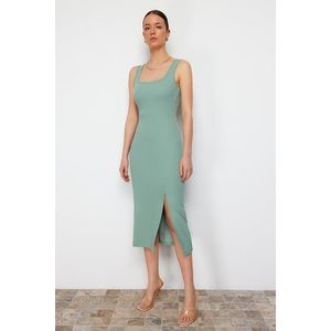 Trendyol Mint Fitted Slit Square Neck Stretchy Knitted Midi Pencil Dress obraz