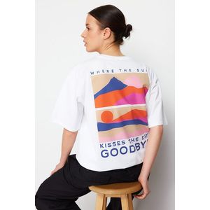 Trendyol White Premium Oversize/Wide Cut Crew Neck Back Printed Knitted T-Shirt obraz