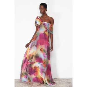 Trendyol Multi-Colored A-Line Woven Lining Asymmetrical Neckline Chiffon Long Evening Evening Dress obraz