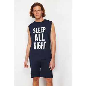 Trendyol Navy Blue Slogan Printed Regular Fit Pajama Set with Knitted Shorts obraz