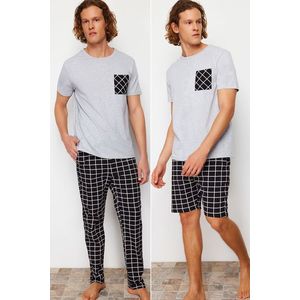 Trendyol 3-Piece Black Plaid Patterned Regular Fit Knitted Pajamas Set obraz