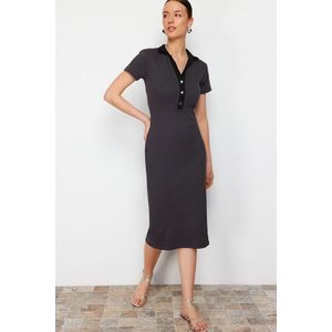 Trendyol Anthracite Snap-On Polo Neck Ribbed Fitted/Fitted Stretch Knitted Midi Pencil Dress obraz