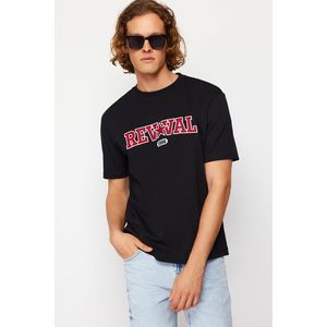 Trendyol Black Relaxed/Comfortable Cut Text Embroidery Appliqued 100% Cotton Short Sleeve T-Shirt obraz