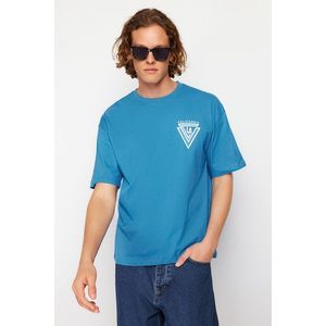 Trendyol Blue Oversize/Wide-Fit Crew Neck City Printed 100% Cotton T-Shir obraz