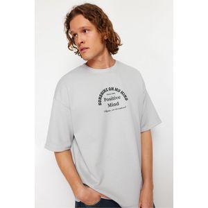 Trendyol Gray Oversize/Wide Cut Text Printed Thick T-Shirt obraz