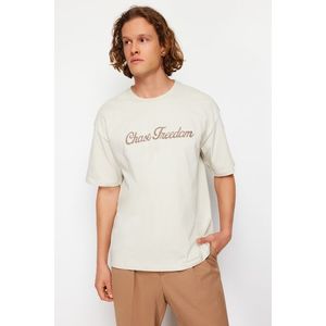 Trendyol Stone Oversize/Wide Cut Letter Applique Embroidered 100% Cotton Short Sleeve T-Shirt obraz